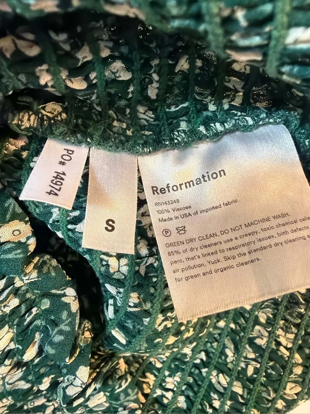 Reformation Green Floral Smocked Puff Sleeve Crop Top Size Small